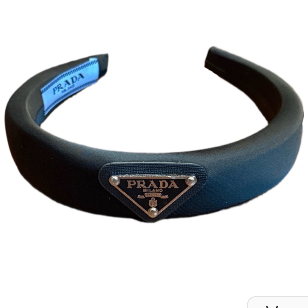 Prada Black Padded Logo Headband with Triangular Plaque